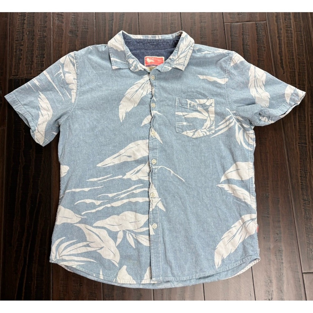 Modern Amusement Shirt Mens XL Button Up Blue White Floral Hawaiian Short Sleeve